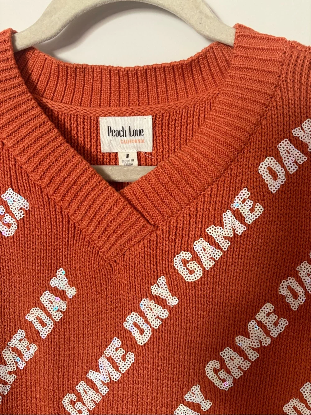 Peach Love Burnt Orange Sequin 'Game Day' V-Neck Sweater Vest